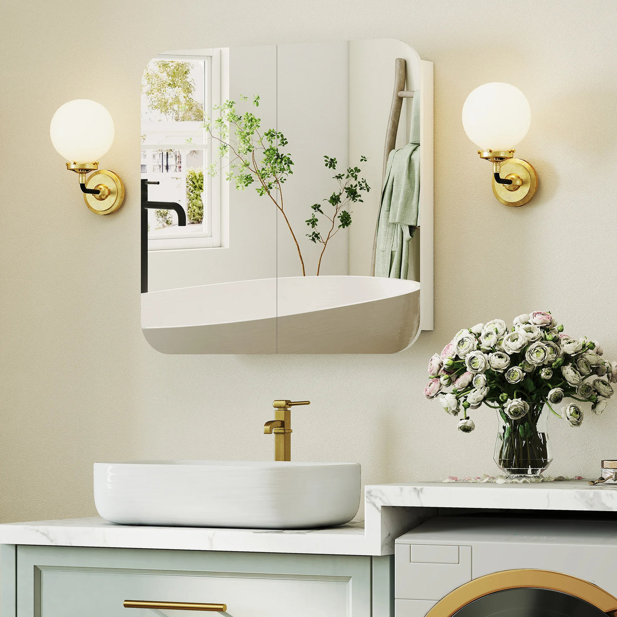 Arched Wall-Mounted Bathroom Mirror Cabinet with Adjustable Shelves, White