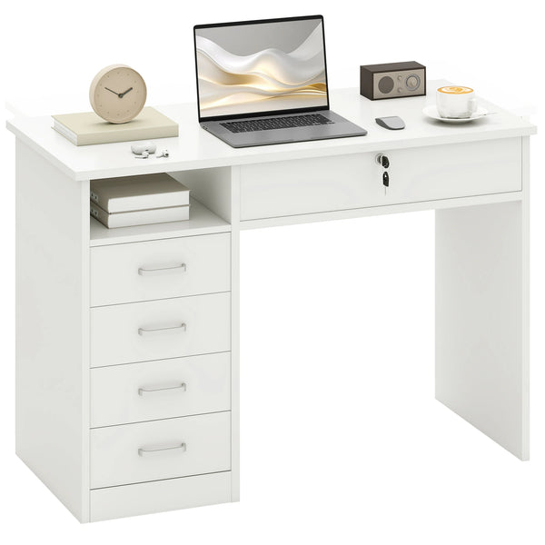 Computer Desk with 5 Drawers and Lockable Drawer, Home Office Writing Desk, 110 x 50 x 76 cm, White