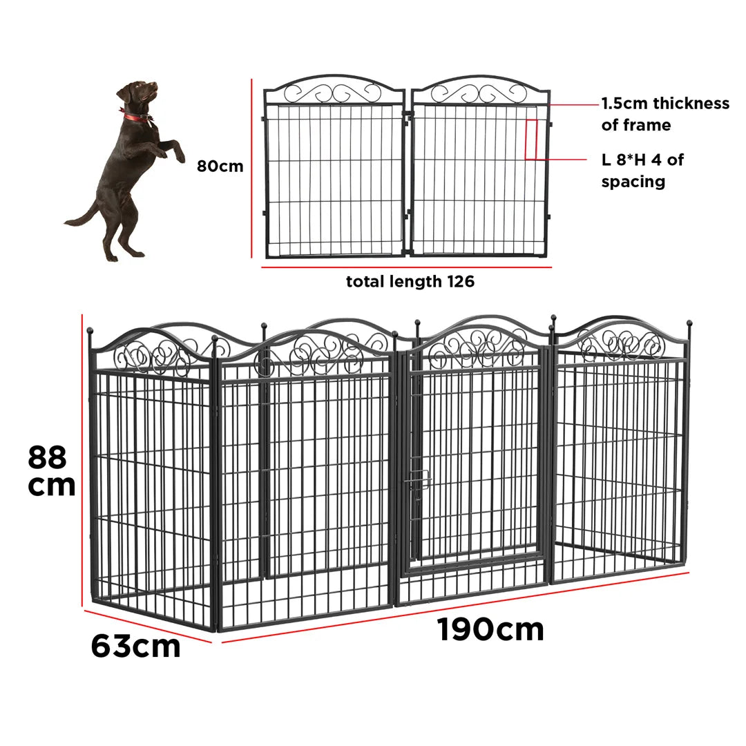 8 Panel Heavy Duty Metal Dog Playpen 190x63x80cm Foldable Fence with Gate for Small Medium Dogs