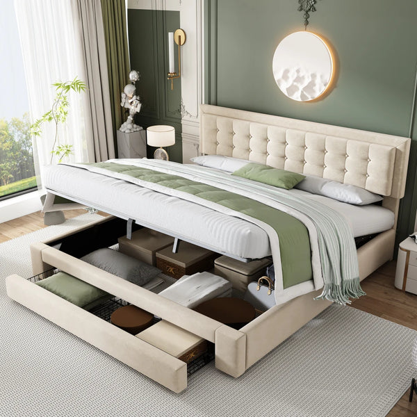 Super King 6ft Upholstered Bed Frame with Storage, Cream Velvet, Height-Adjustable Headboard