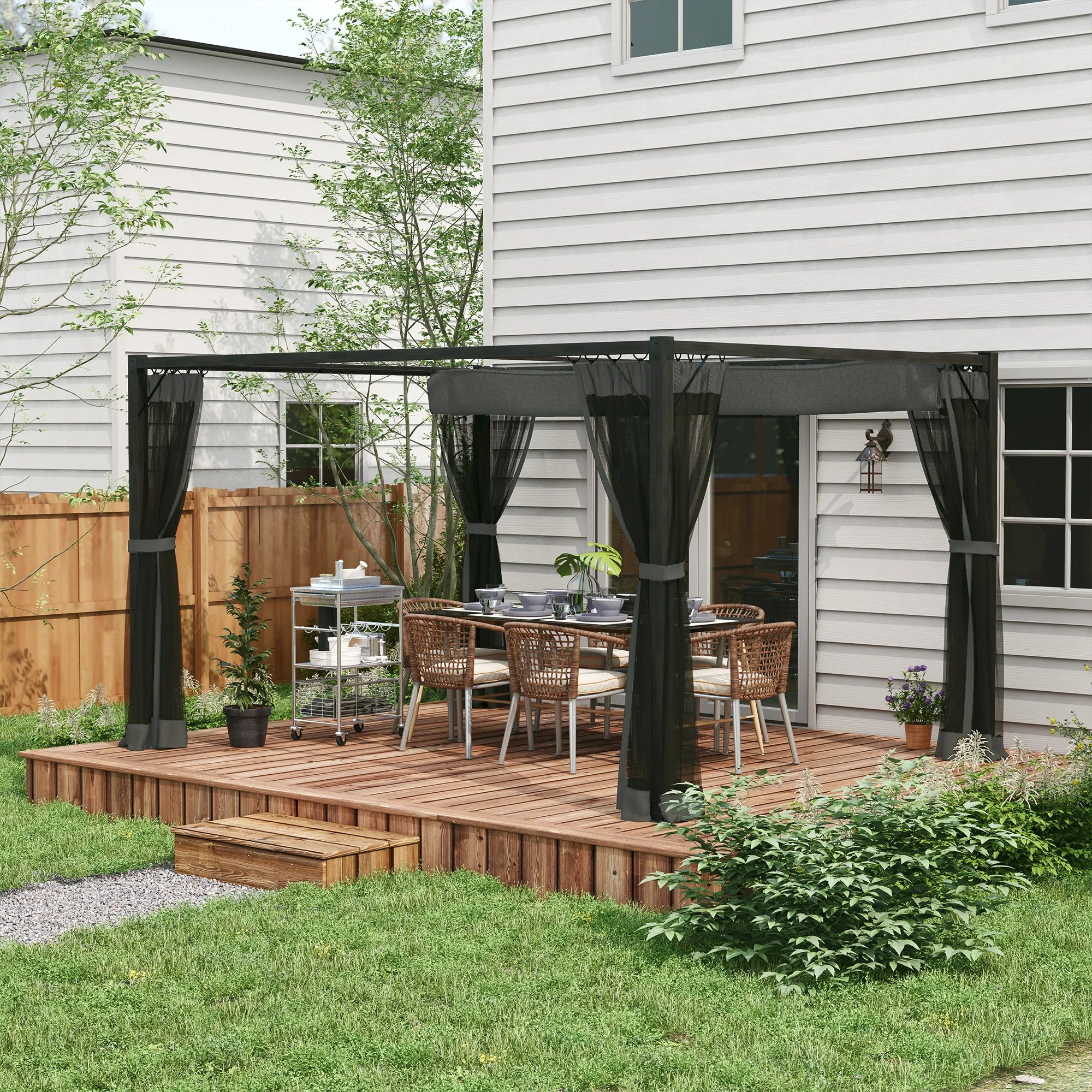 4 x 3m Aluminium Pergola with Retractable PA-Coated Canopy, Mosquito Netting and Ground Stakes