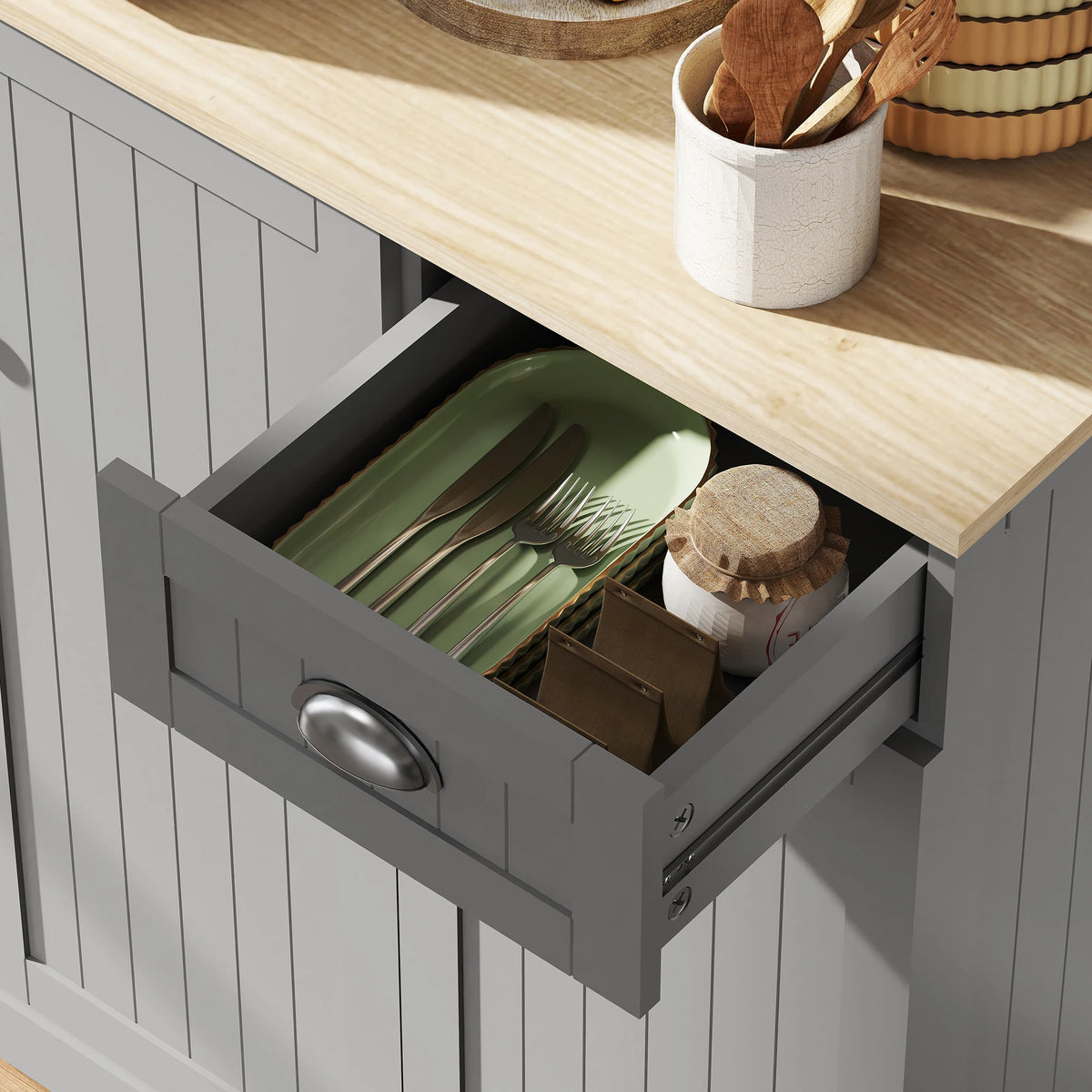 Freestanding Kitchen Pantry Cabinet with Adjustable Shelves and Drawer, Grey