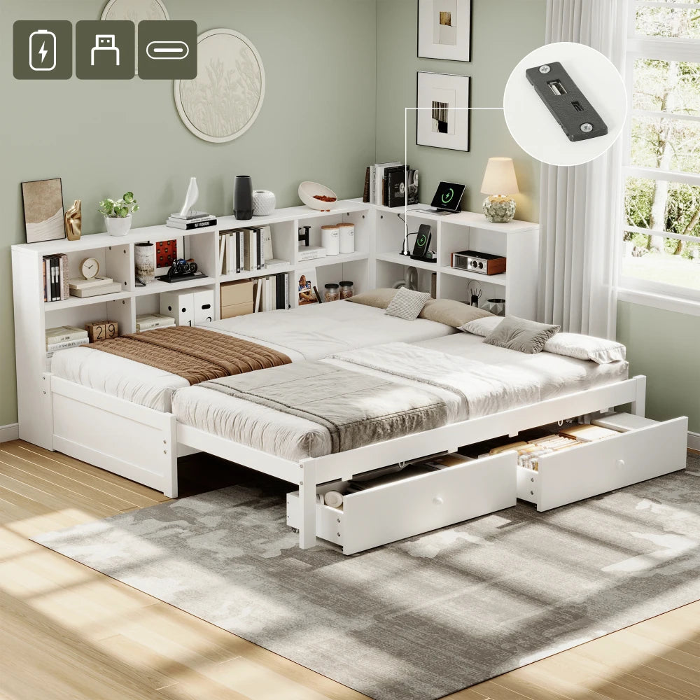 3ft Single Daybed with Storage Drawers, Pull-Out Trundle & Charging Station, White