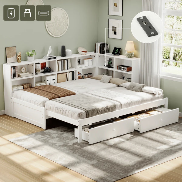 3ft Single Daybed with Storage Drawers, Pull-Out Trundle & Charging Station, White