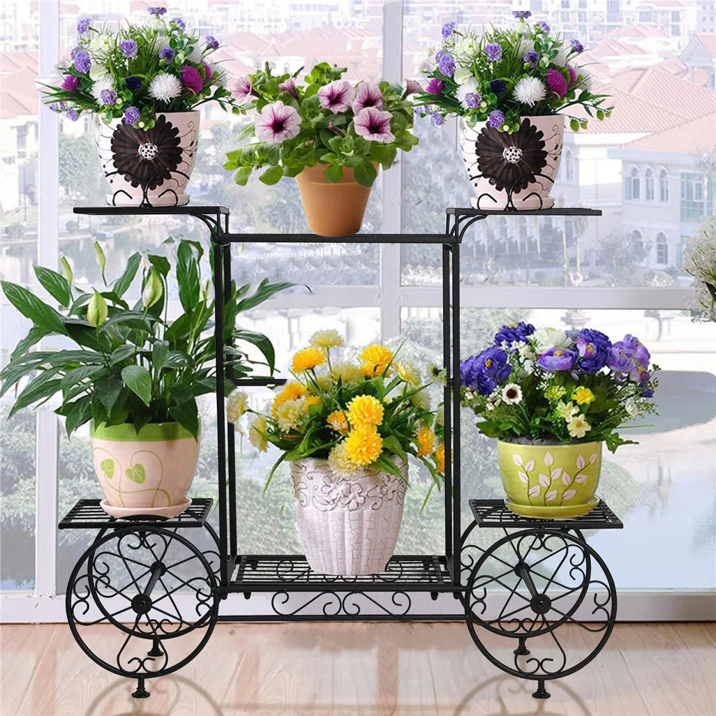 Metal Garden Cart Plant Stand 82x70.5cm Parisian Style 6 Tier Flower Display Rack for Indoor Outdoor Black