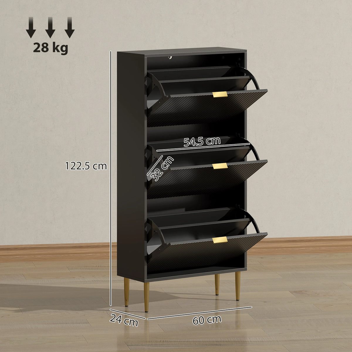 Narrow Shoe Cabinet with 3 Flip-Down Drawers and Adjustable Shelves, Black