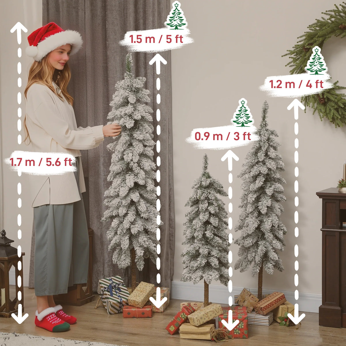 Set of 3 Flocked Pencil Christmas Trees, 3ft, 4ft and 5ft, with Steel Bases