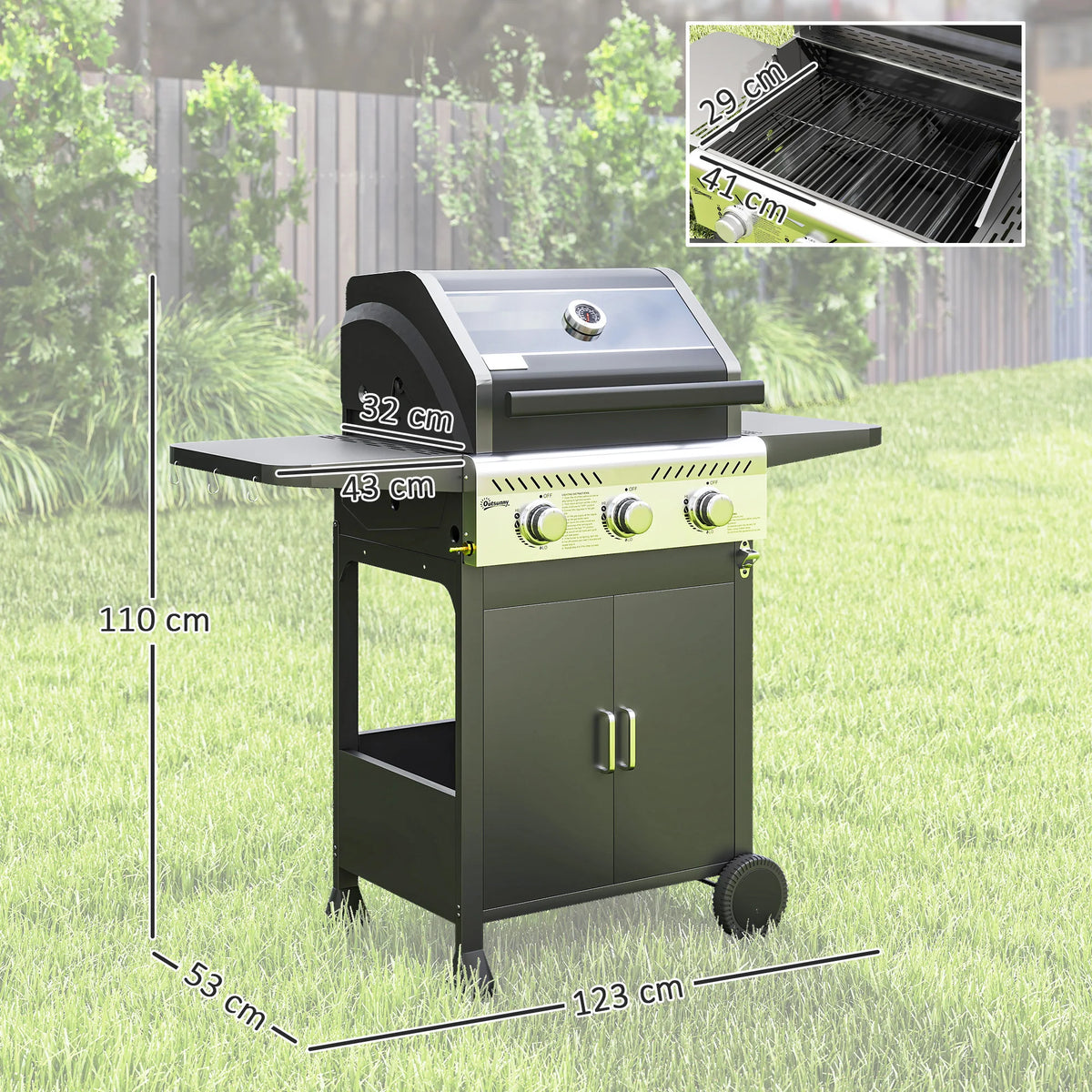 3 Burner Gas BBQ Trolley with See-Through Lid and Thermometer