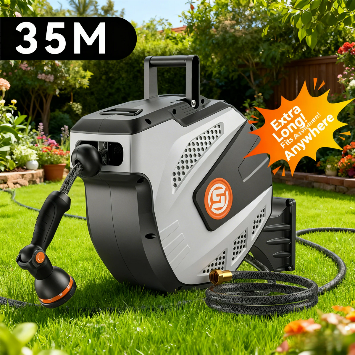 Self Retracting Hose Reel 10-35m Wall Mount Automatic Rewind 10 Function Nozzle 180° Swivel for Garden Car