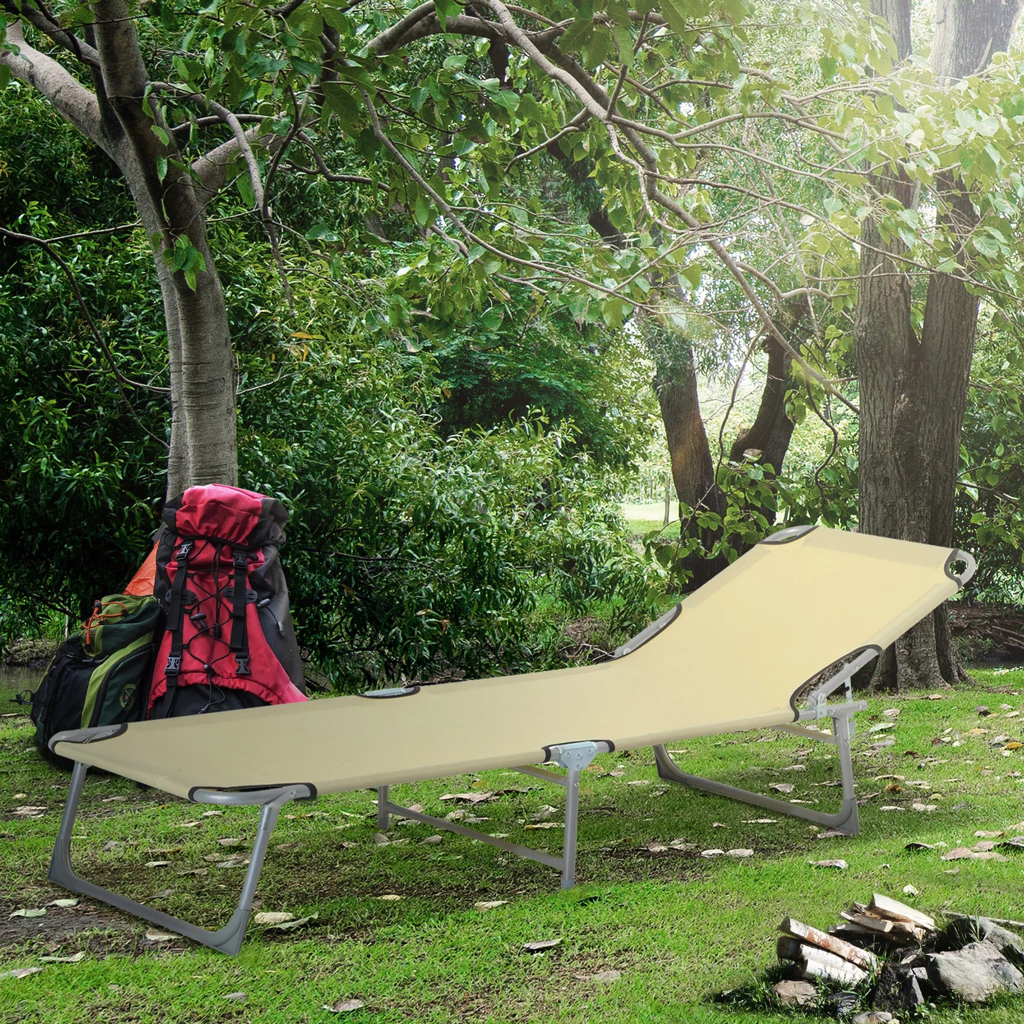 Foldable Reclining Sun Lounger Camping Bed with 4-Position Adjustable Backrest and Oxford Fabric