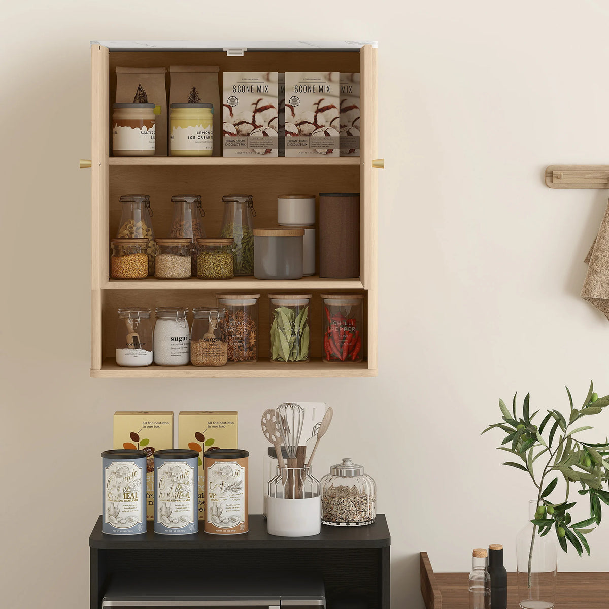 Wall-Mounted Bathroom Cabinet with Adjustable Shelf and Open Shelf, Oak and White