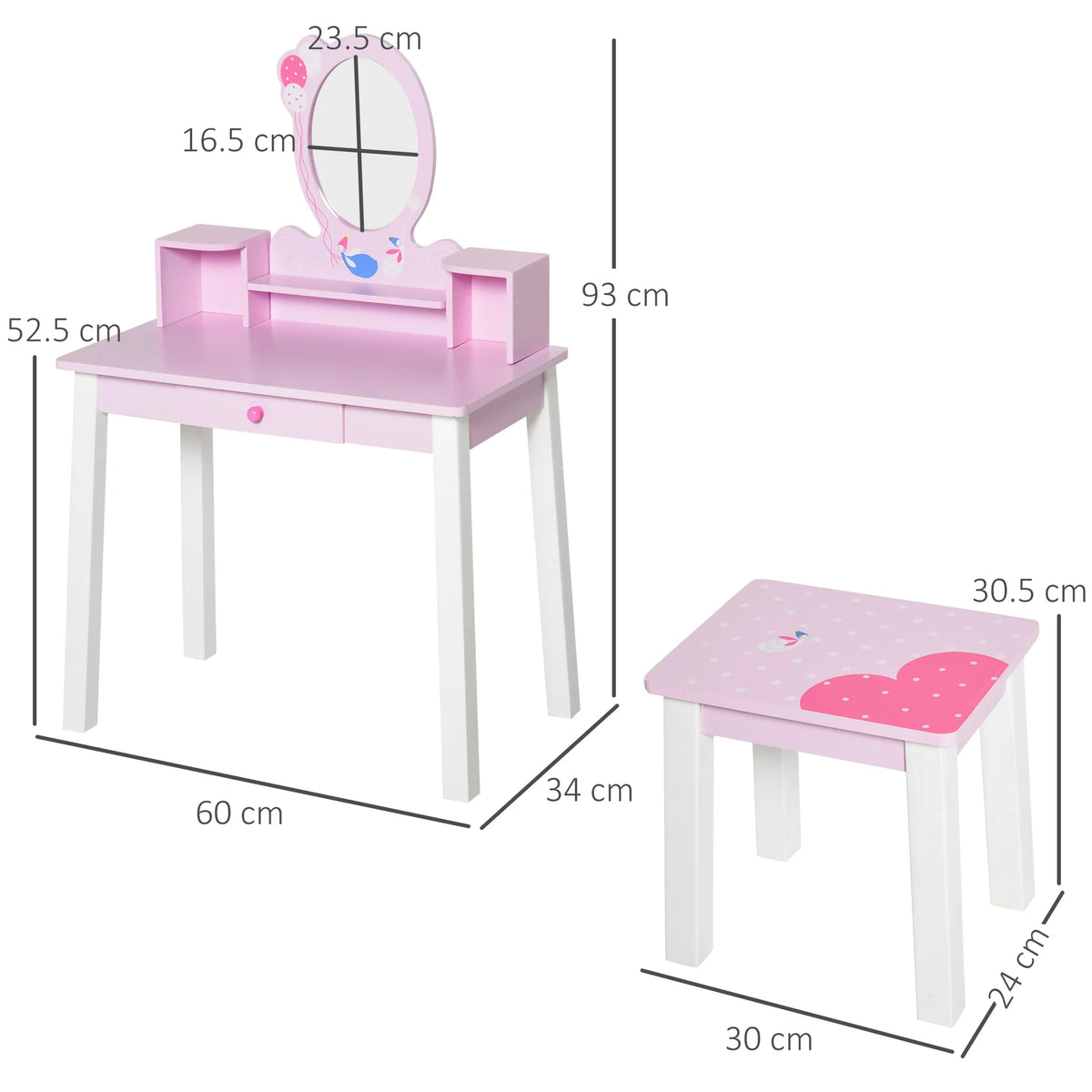 Kids Wooden Dressing Table and Stool with Mirror Pine Wood and MDF Toddler Vanity Set Pink and White