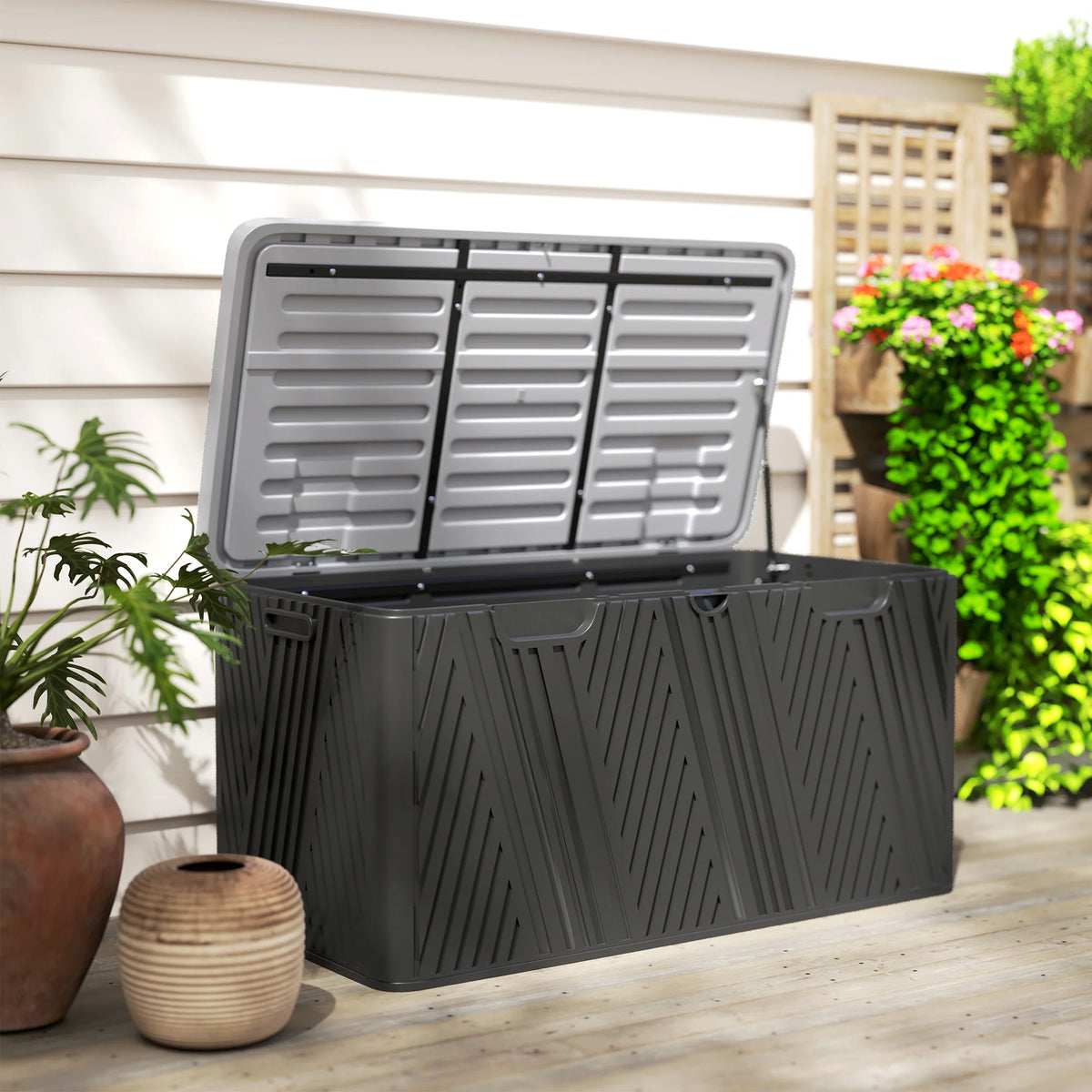 Garden Storage Box 380L Waterproof Two Layer HDPE with Gas Strut Lid and Lockable Option Outdoor