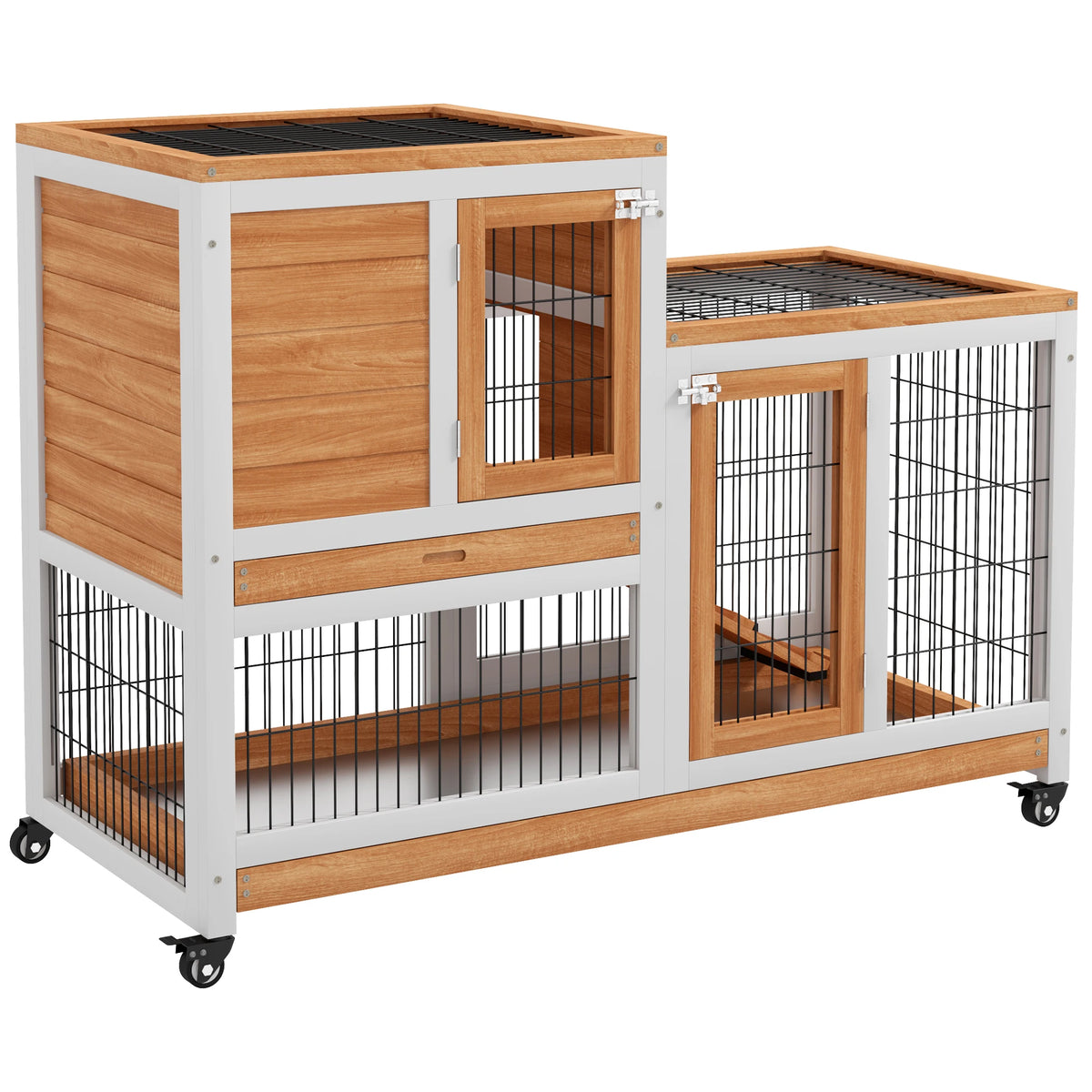 Indoor Rabbit Hutch Elevated 2 Tier Bunny Cage with Enclosed Run Ramp 4 Wheels and Removable Trays