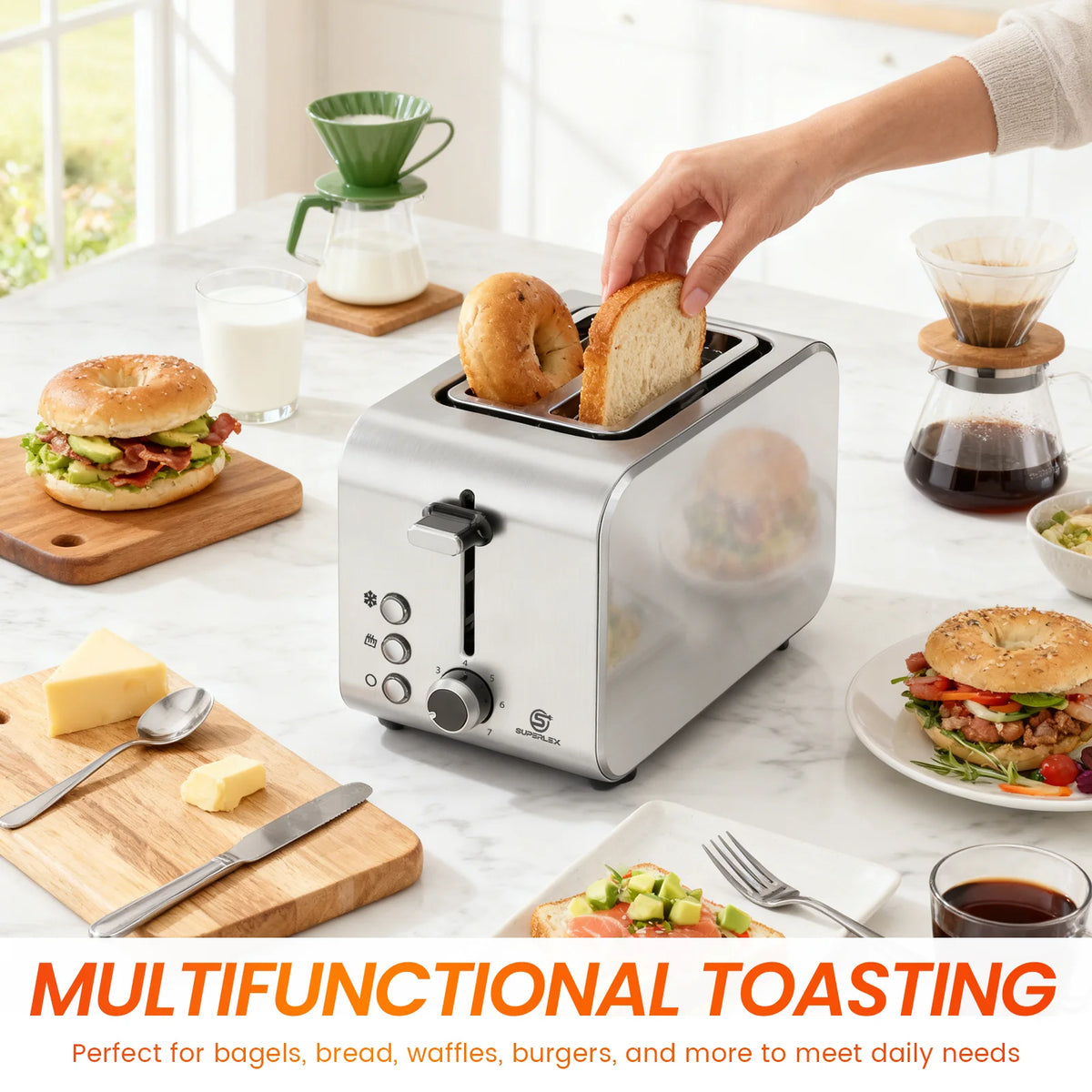 2 Slice Compact Toaster 850W Stainless Steel with 7 Browning Settings Defrost Reheat Function and Removable Crumb Tray