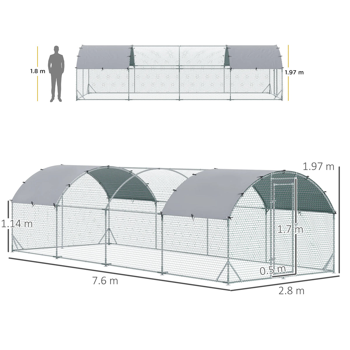 Walk In Chicken Run 7.6x2.8x2m Galvanised Steel Coop with Canopy Hexagonal Mesh and Lockable Door