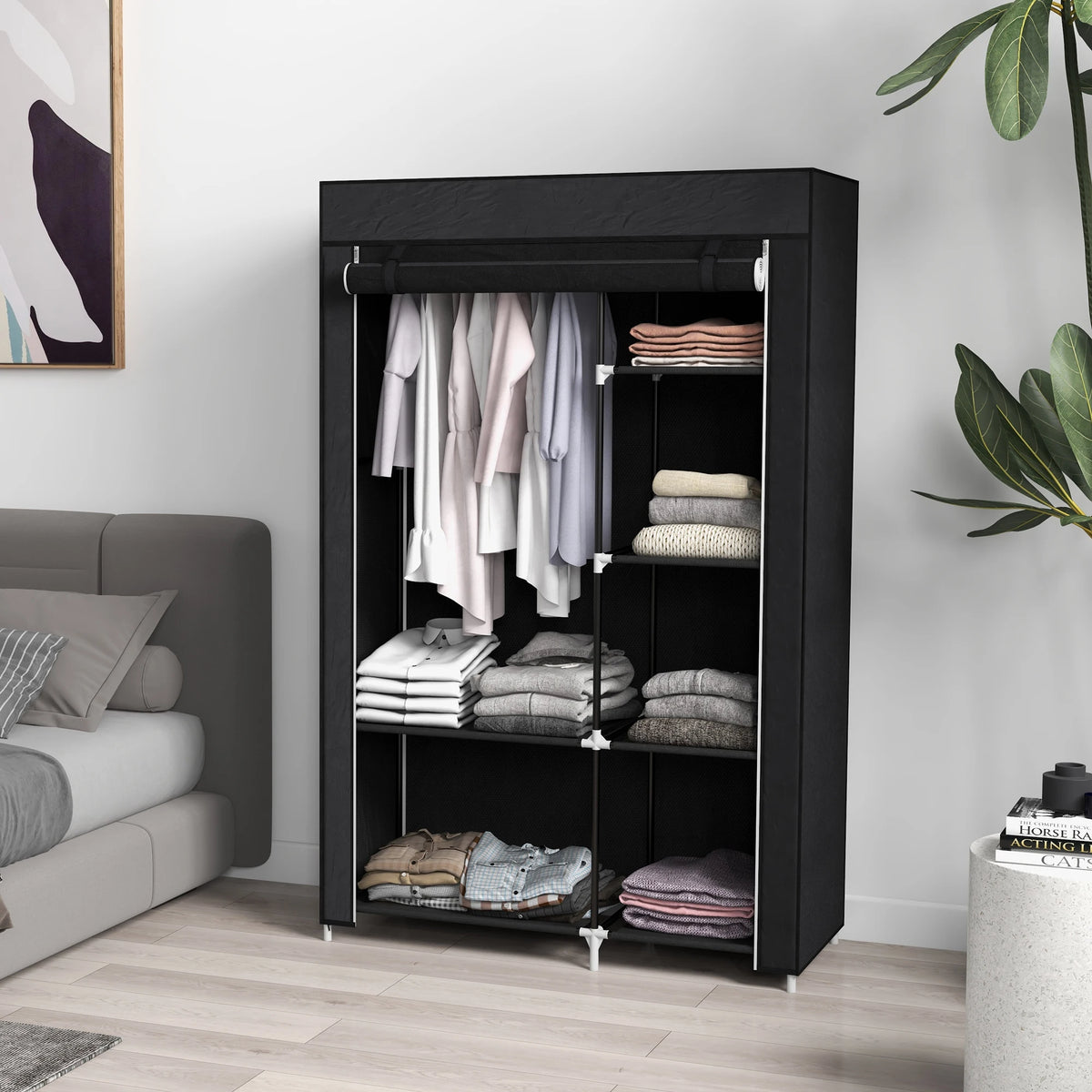 Fabric Wardrobe w/ Shelves Hanging Rail Foldable Closets