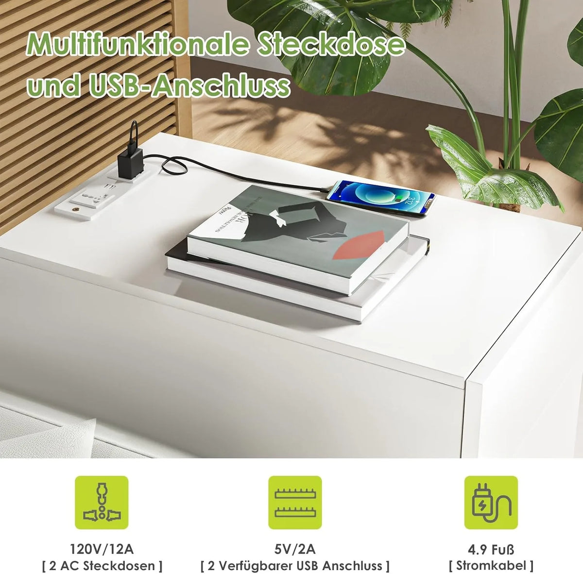 White Bedside Table with 3 Drawers, LED Strip, and Charging Station | 2AC 2USB Nightstand with App Control
