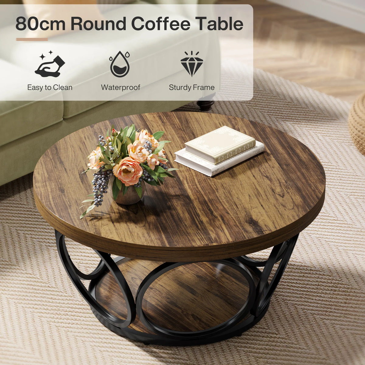 Round Coffee Table 80cm Wooden Center Table with 2 Tier Storage Farmhouse Style