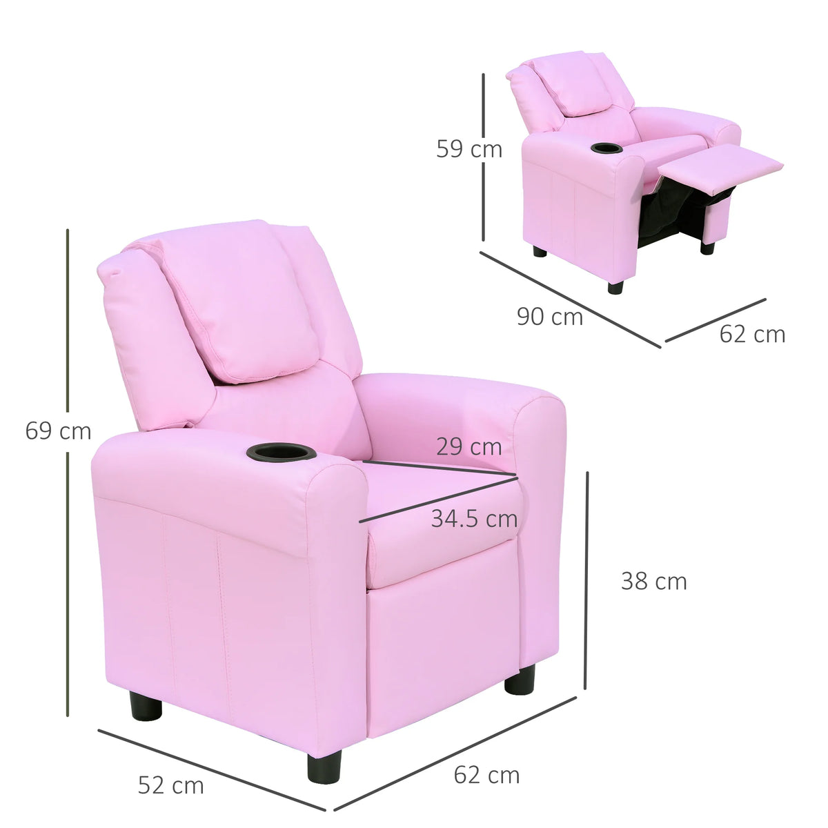 Kids Recliner Chair with Footrest and Cup Holder, PU Leather, Pink