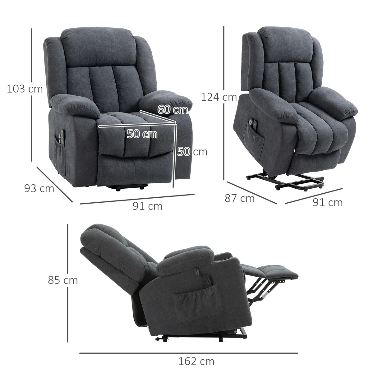 Electric Riser Recliner Chair with Remote 135 Degree Recline and Footrest Thickly Padded Metal Frame Dark Grey