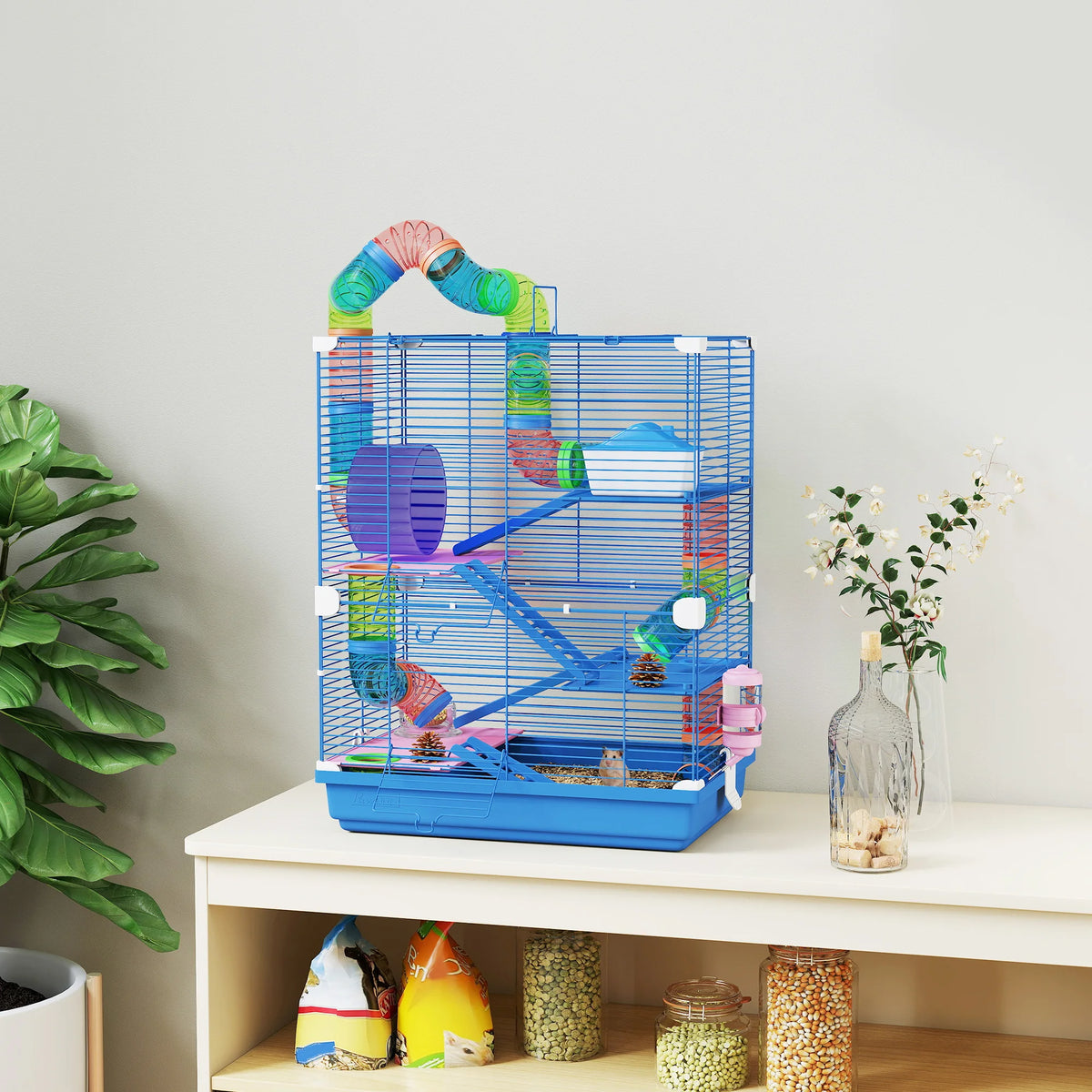 5 Tier Hamster Cage with Play Tunnel Exercise Wheel Food Dish Water Bottle and Carry Handle Blue