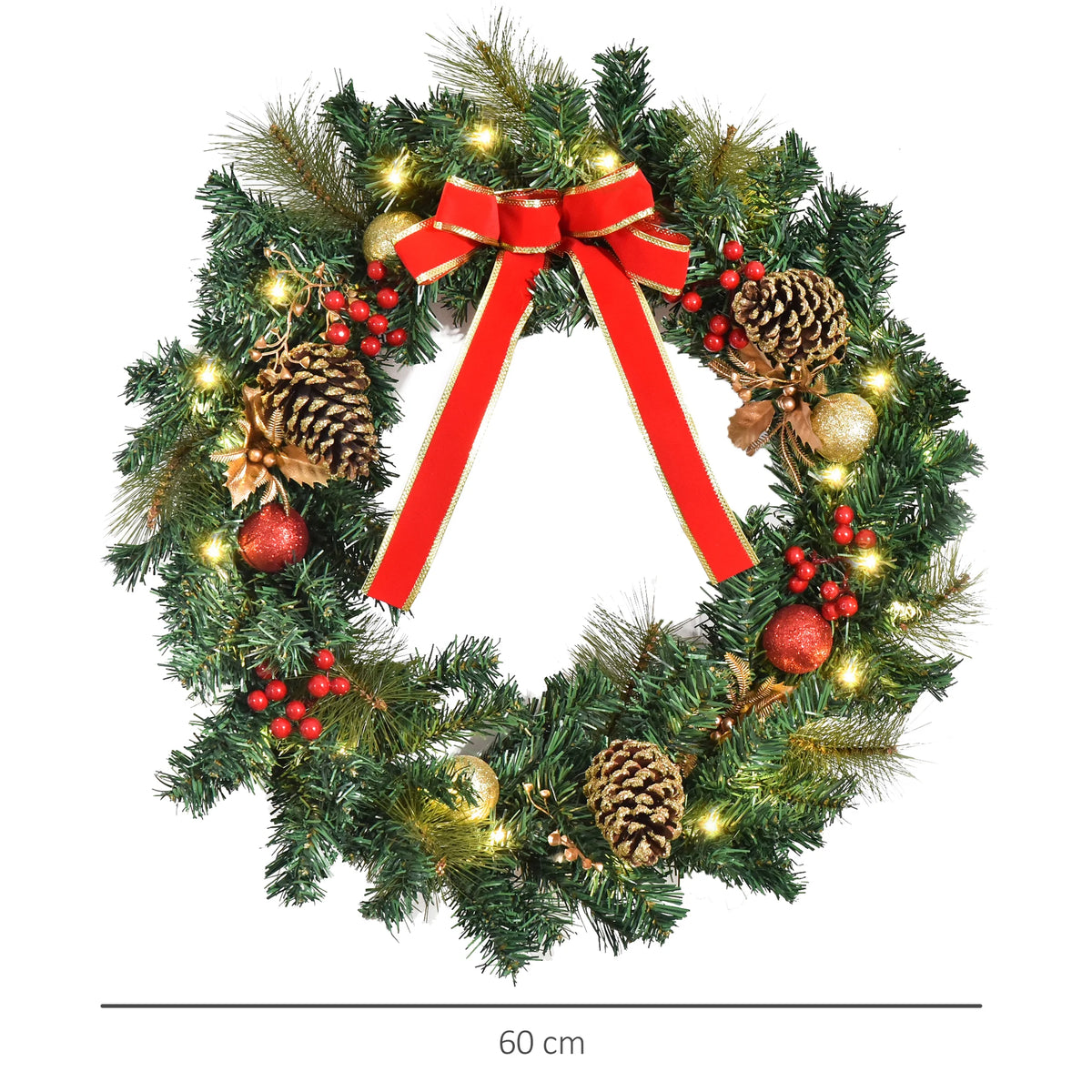 Pre-Lit Artificial Christmas Wreath with Holly, Pine Cones and 20 LED Lights, 60cm