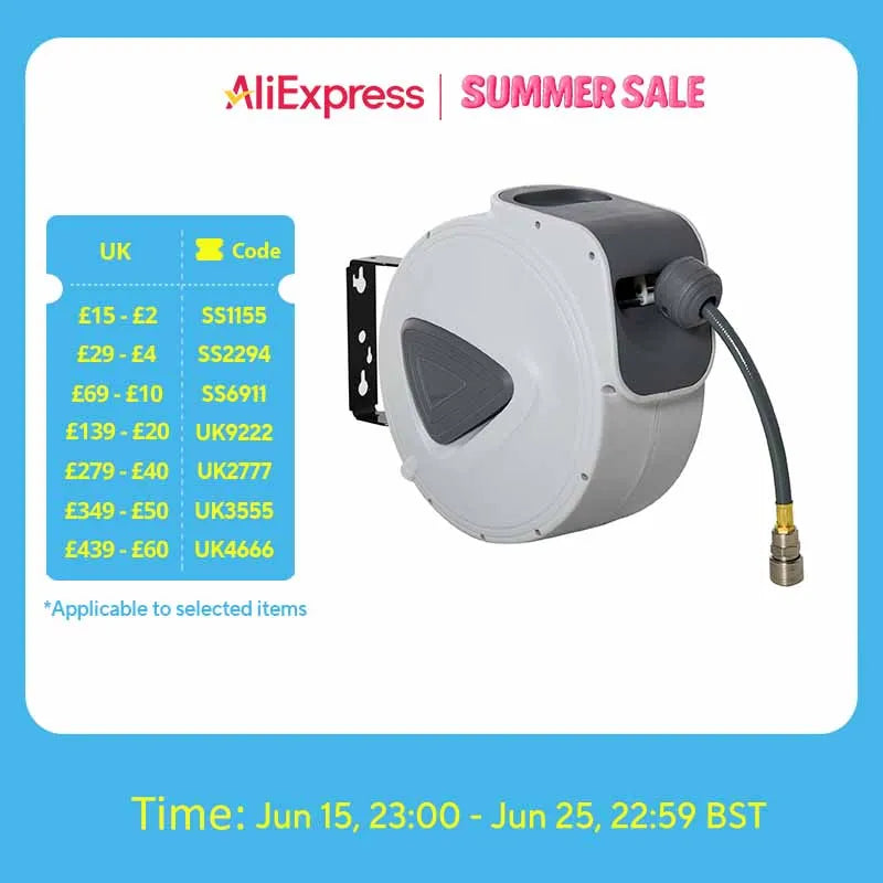 Retractable Air Hose Reel Auto Self-Winding Wall Mounted 1/4" 15m+140cm