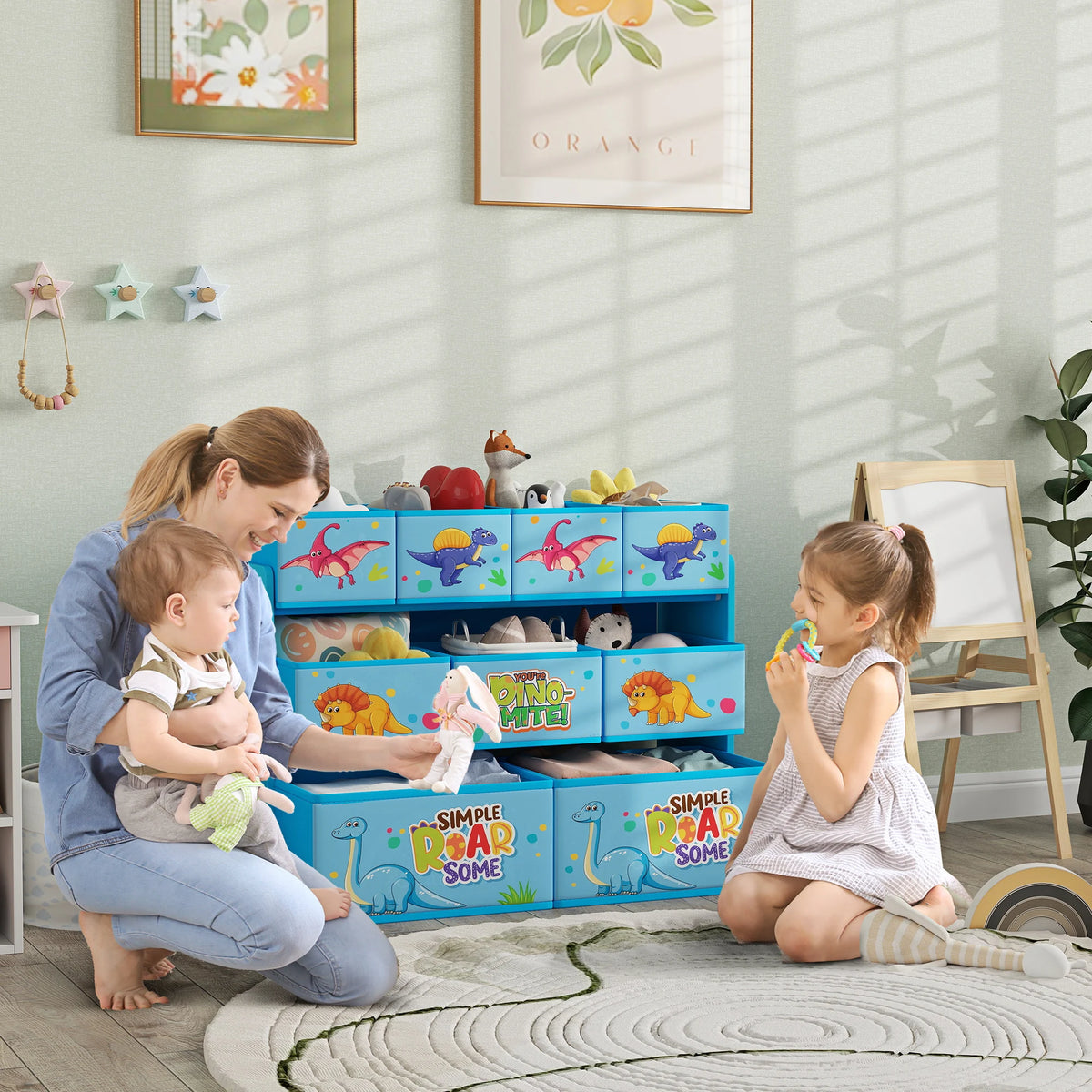 Kids Storage Unit, 3-Tier Toy Organiser Shelf with 9 Storage Boxes, Blue