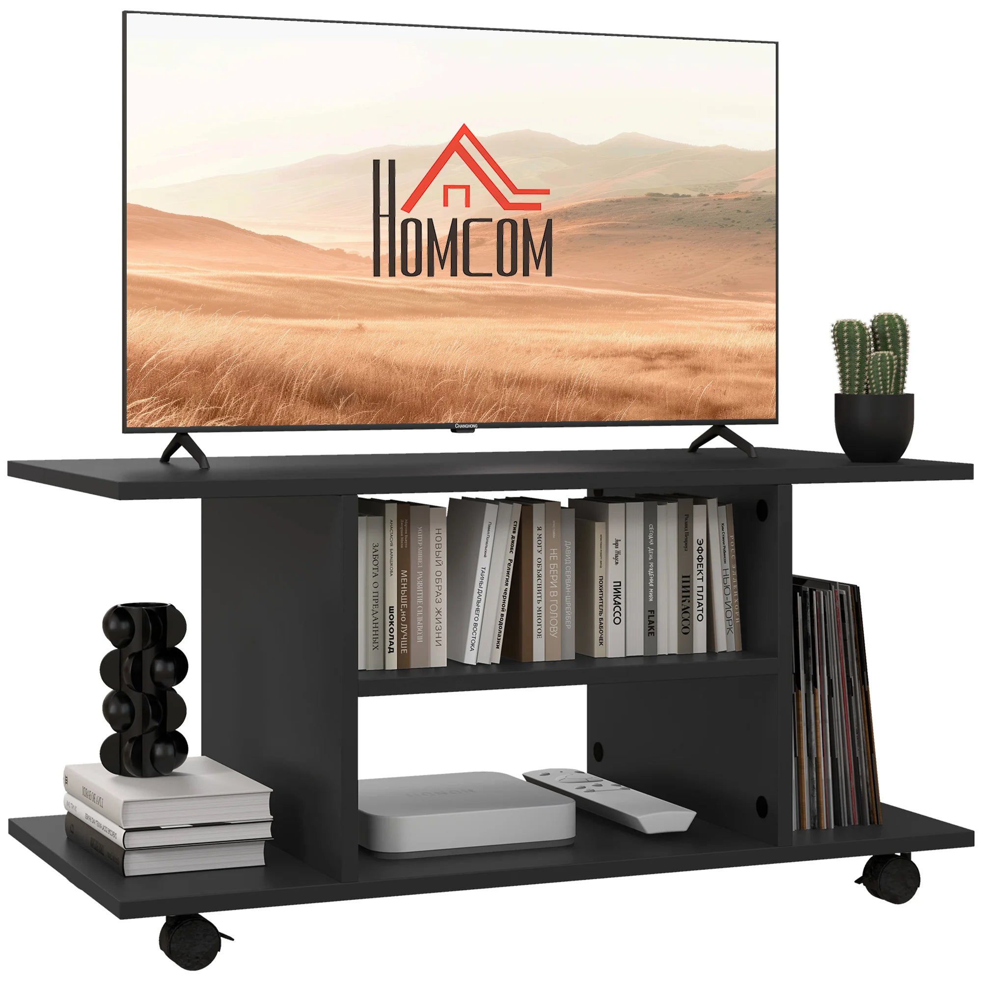 Modern Mobile TV Cabinet Stand with 3-Tier Shelves, 360° Lockable Castor Wheels for Living Room