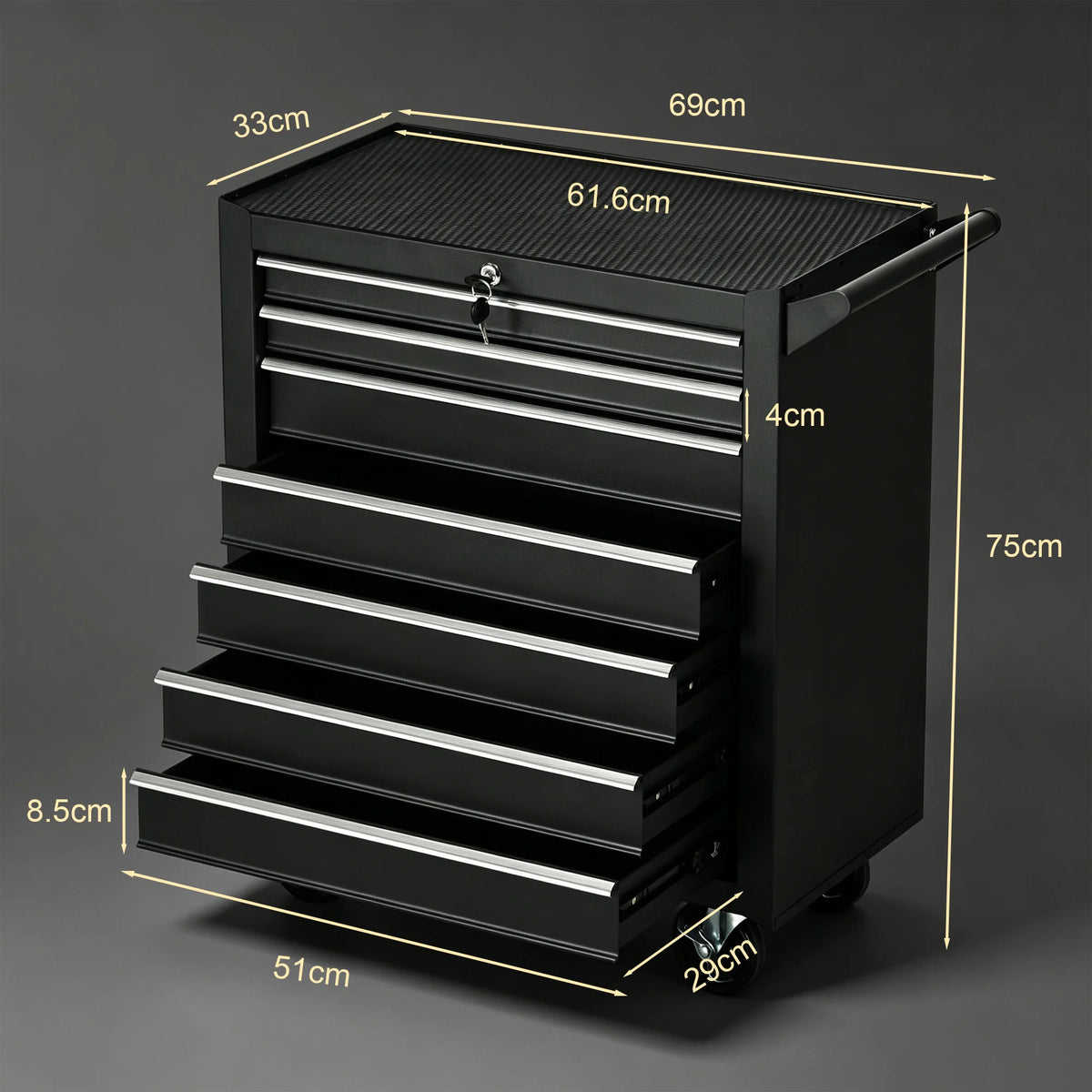 7-Drawer Rolling Tool Cabinet with Lockable Top Chest, Steel, Black