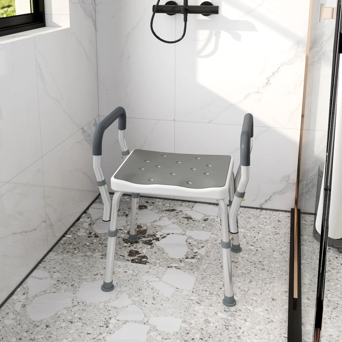 Shower Stool Height Adjustable 57-69cm 6 Levels EVA Padded Seat Aluminium Frame Anti Slip Rubber Feet Grey