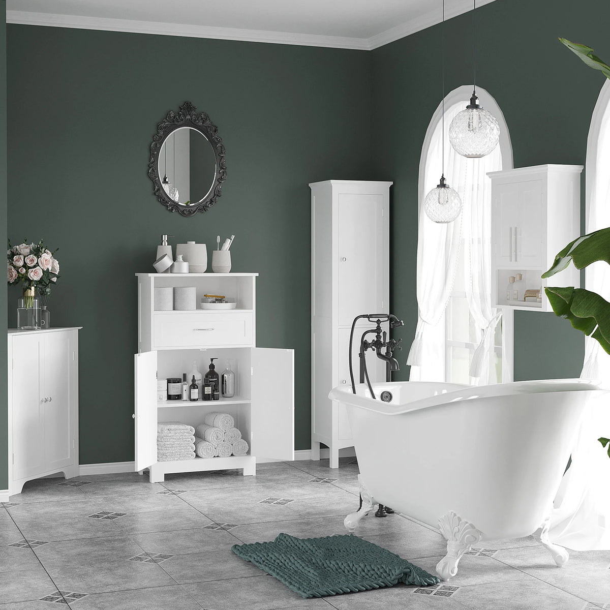 Tall Bathroom Storage Cabinet with Double Doors and Adjustable Shelves, White