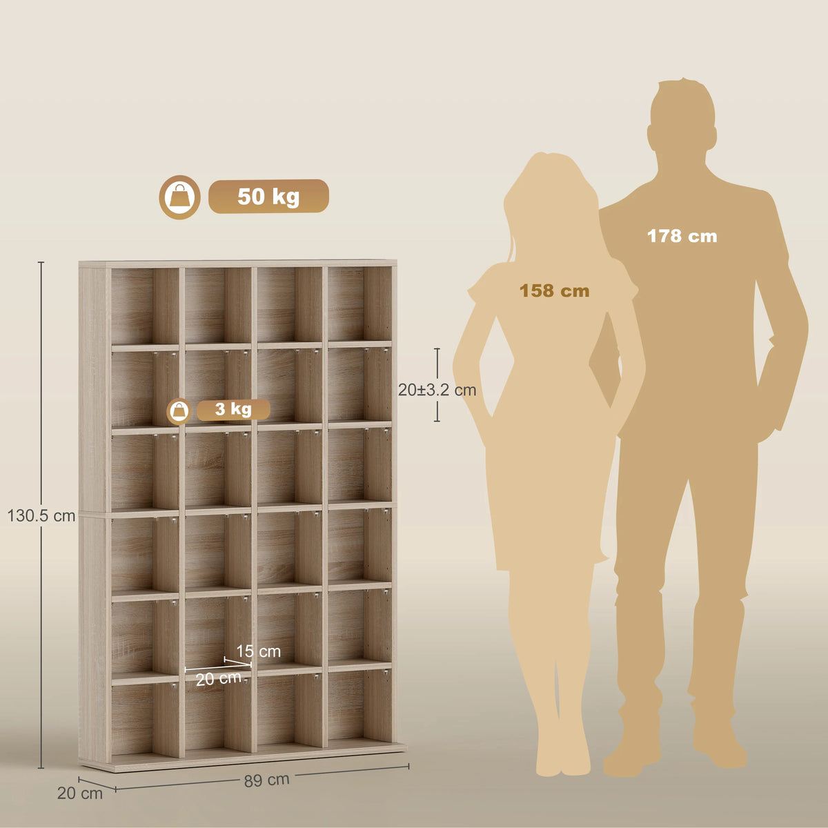 CD and DVD Storage Unit with 24 Cubes and Adjustable Shelves, Holds 456 CDs, Natural