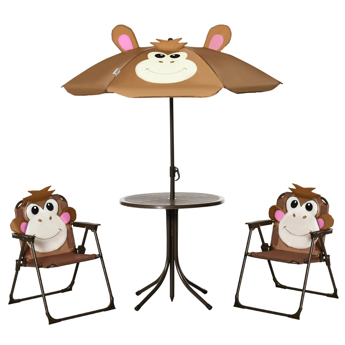 Kids 4 Piece Folding Garden Set with Table 2 Chairs and 6 Bone Parasol Monkey Design Metal Brown