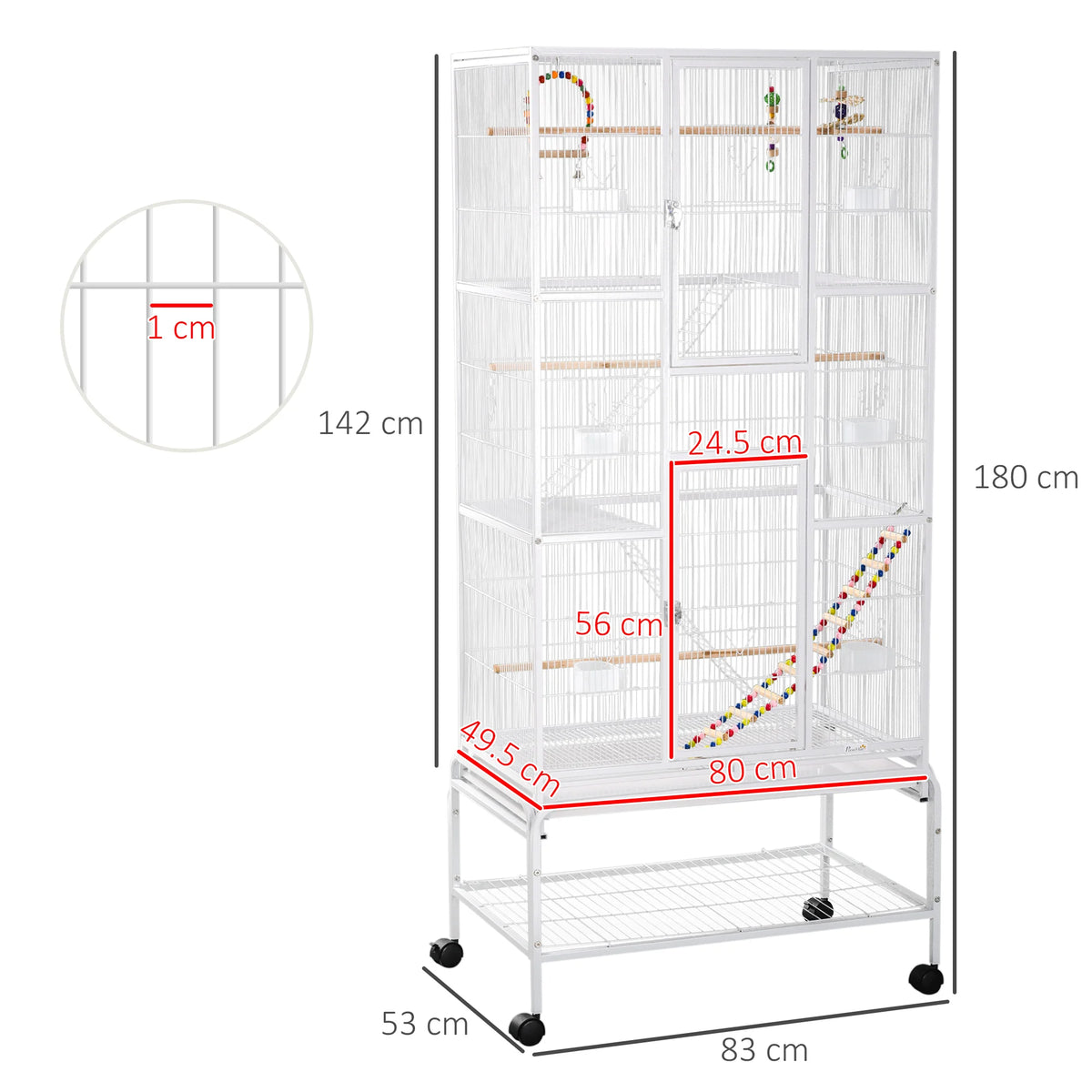 Bird Cage with Stand and Wheels 83x53x180cm 3 Tier Aviary with Perches Ladders and Slide Out Tray White