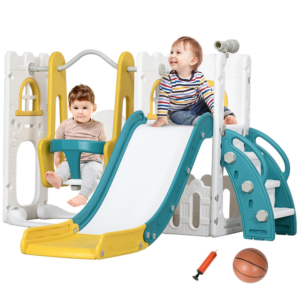 6-in-1 Toddler Climber and Set w/ Basketball Hoop, Telescope Yellow