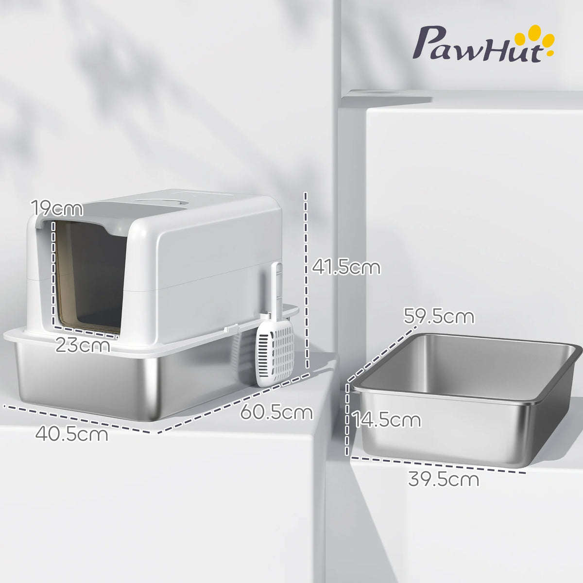 Cat Litter Box with Sand Filter, Removable Lid & Scoop, White