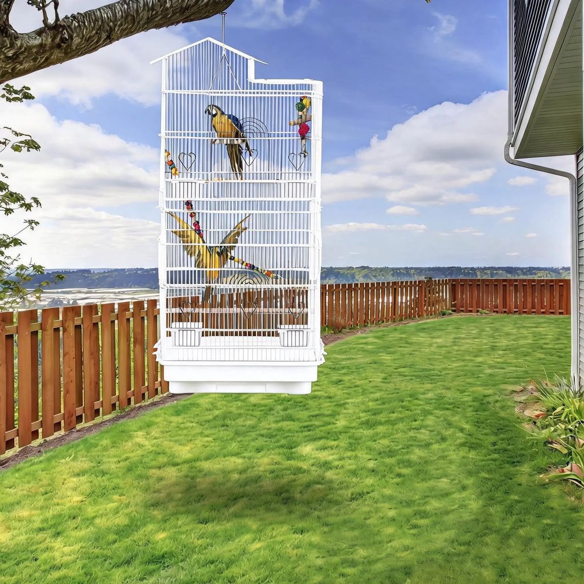 Tall Metal Bird Cage with Perches, Ladder, Toy and Pull-Out Tray, White