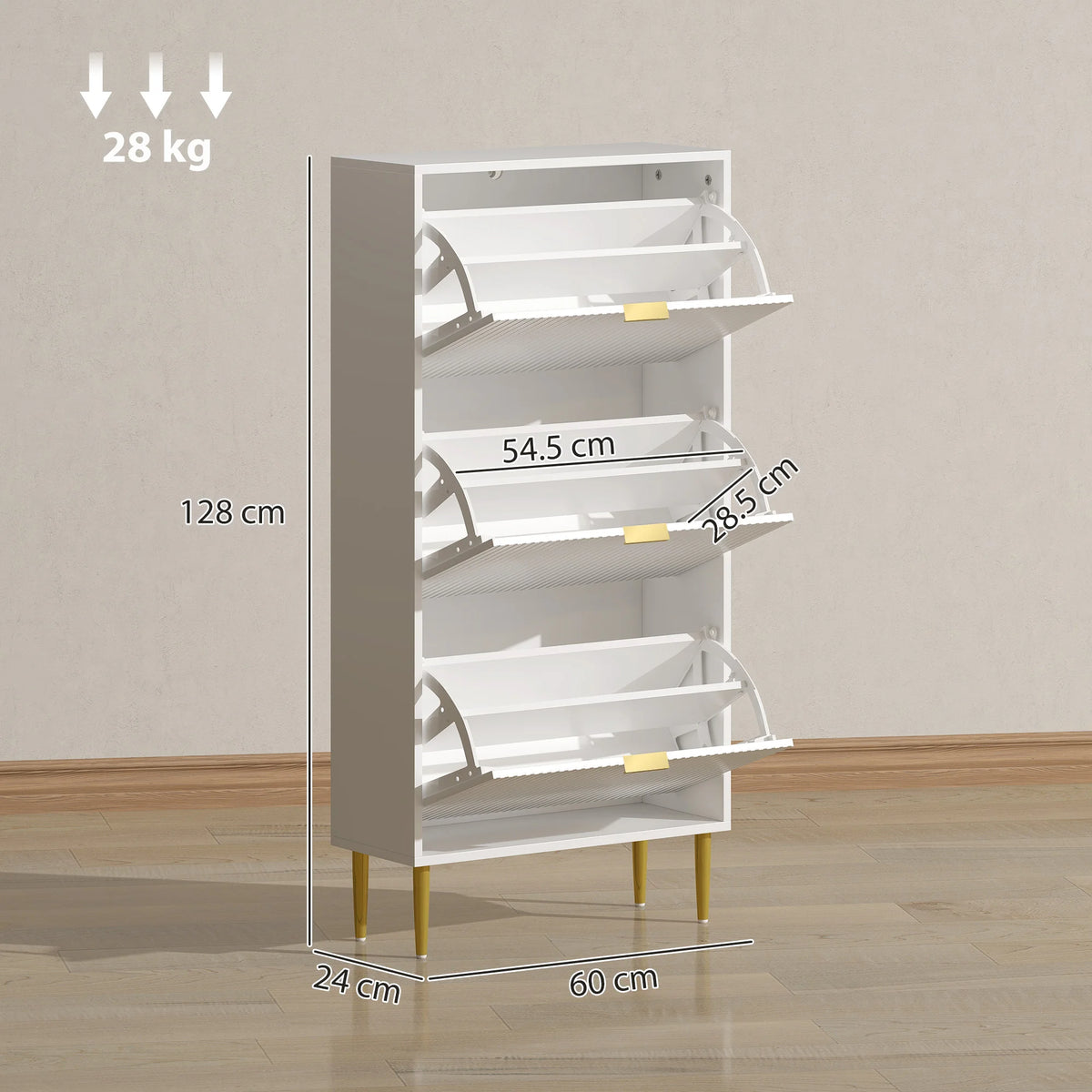 Slim Shoe Cabinet for 18 Pairs with 3 Flip Drawers Fluted Panel Doors Gold Tone Handles Adjustable Shelves White