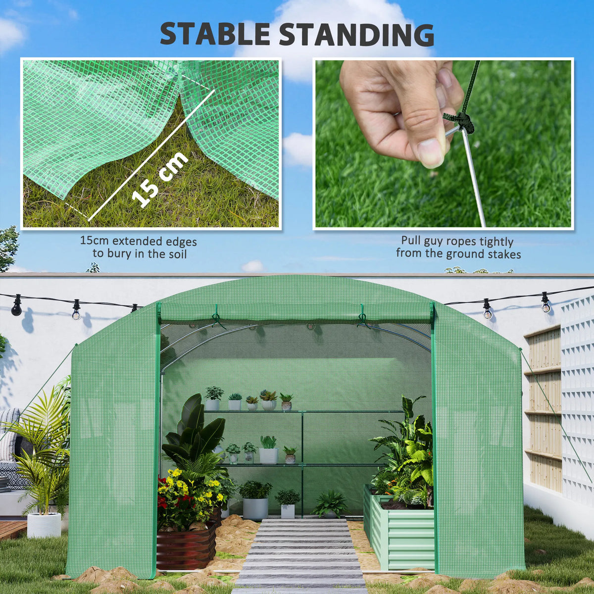 4 x 3 x 2m Polytunnel Greenhouse with 3 Roll-Up Doors and Mesh Windows