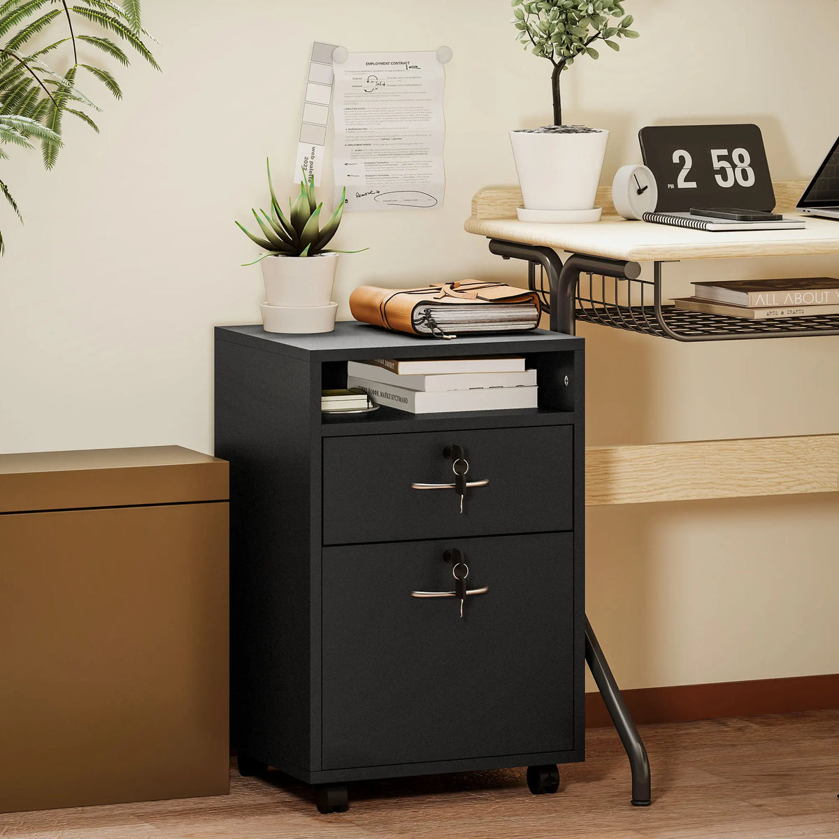 Filing Cabinet 60cm with Bottom Cupboard Top Drawer Open Shelf and Rolling Casters Printer Stand Black