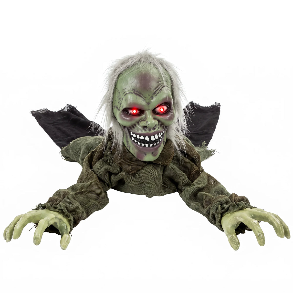 Animatronic crawling zombie Halloween prop with red light up eyes
