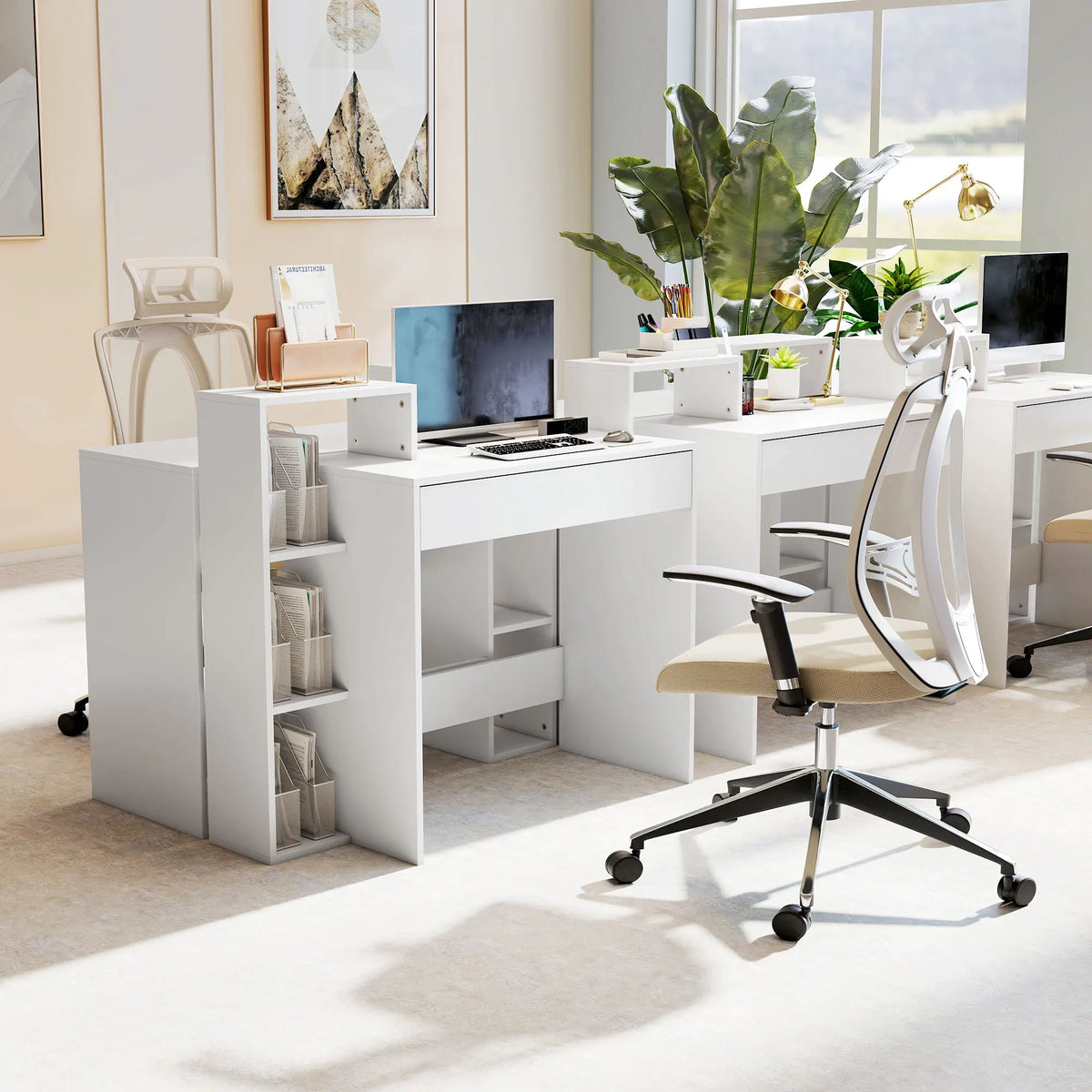 Compact Computer Desk with 3 Open Shelves and Drawer, 100cm, White