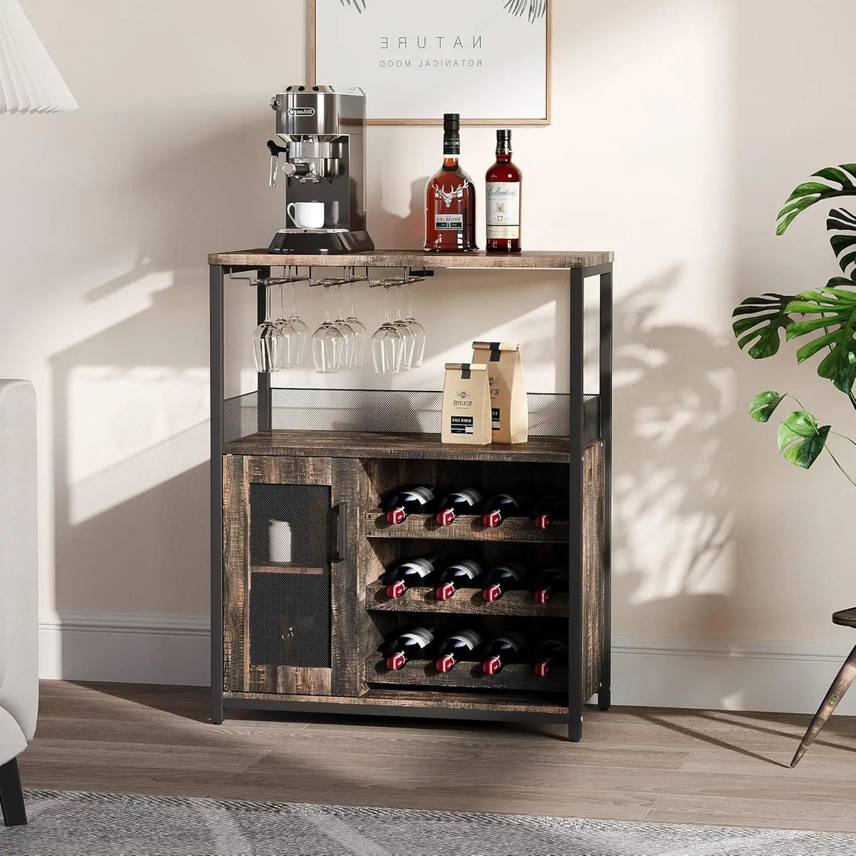 Bar Cabinet with Detachable Wine Rack and Glass Holder | 36 Inch Mesh Door Coffee Bar Cabinet with Adjustable Shelves