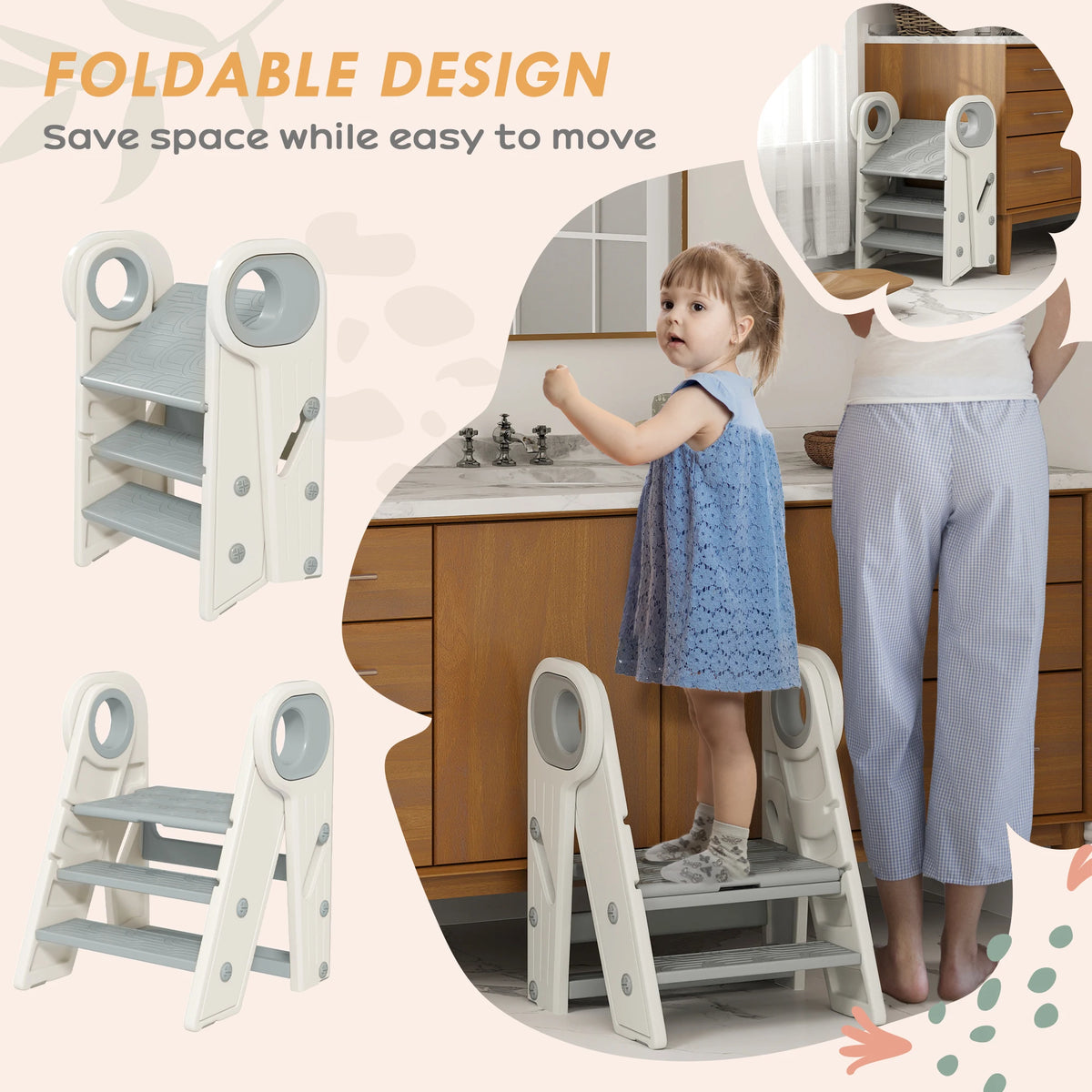 Foldable Kids Step Stool Converts 3 Step to 2 Step with Handle Non Slip HDPE 25kg for Ages 18-60 Months Grey