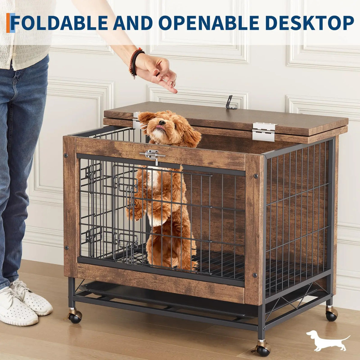 Small Wooden Dog Crate Furniture 26.4x19.7x25.6in 2 Doors Locking Wheels Heavy Duty Indoor Kennel