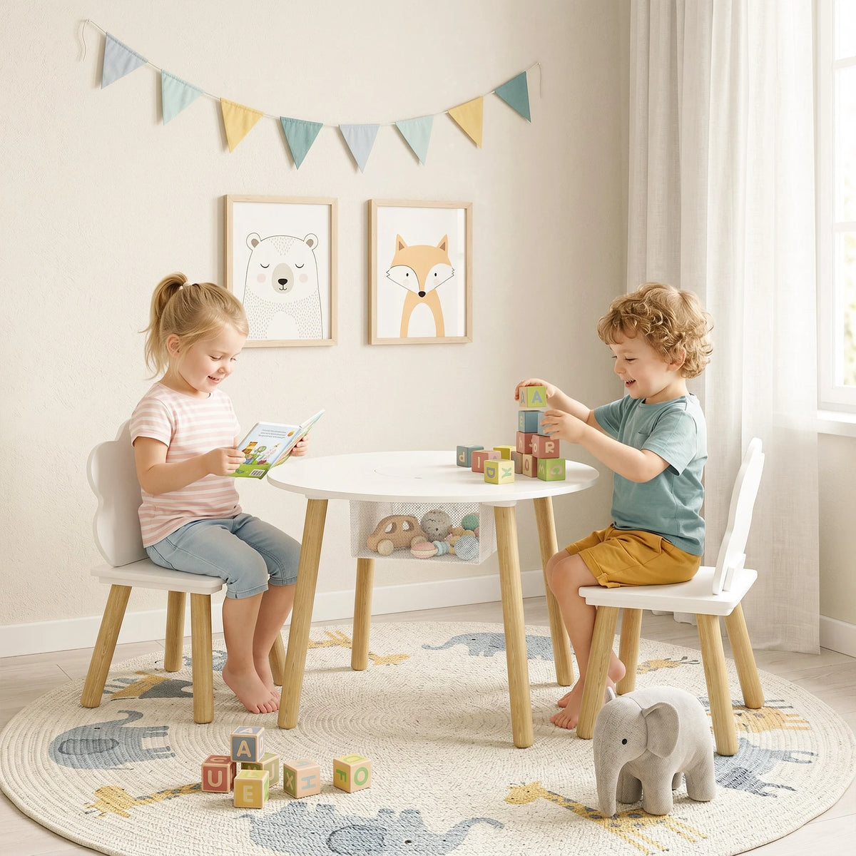 Kids Table and 2 Chairs Set with Storage Mesh Bag, Cloud Design, White