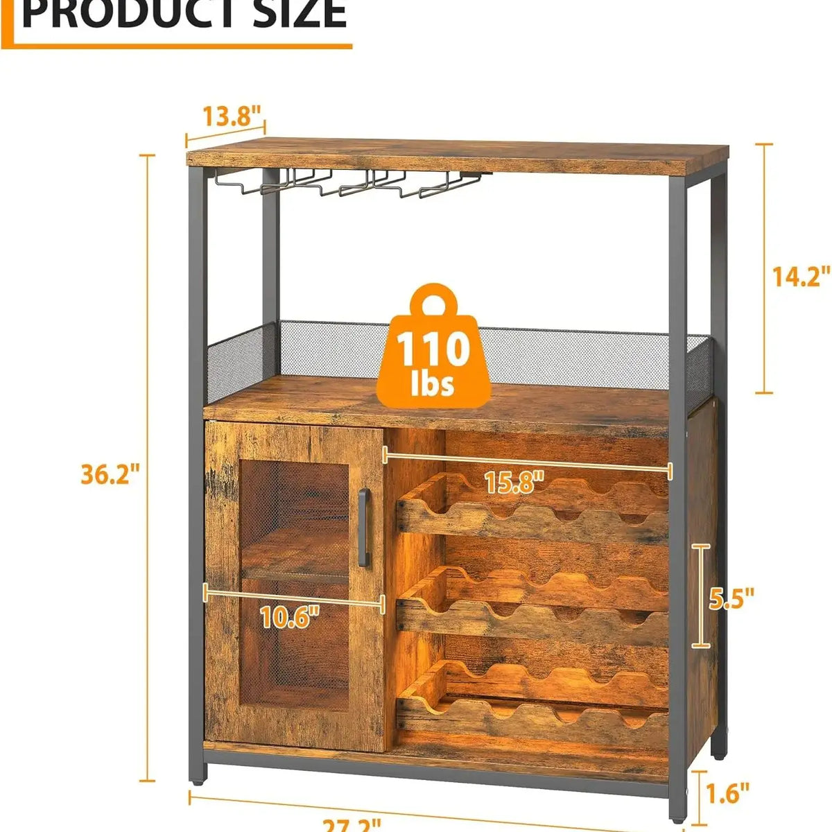 Bar Cabinet with Detachable Wine Rack and Glass Holder | 36 Inch Mesh Door Coffee Bar Cabinet with Adjustable Shelves