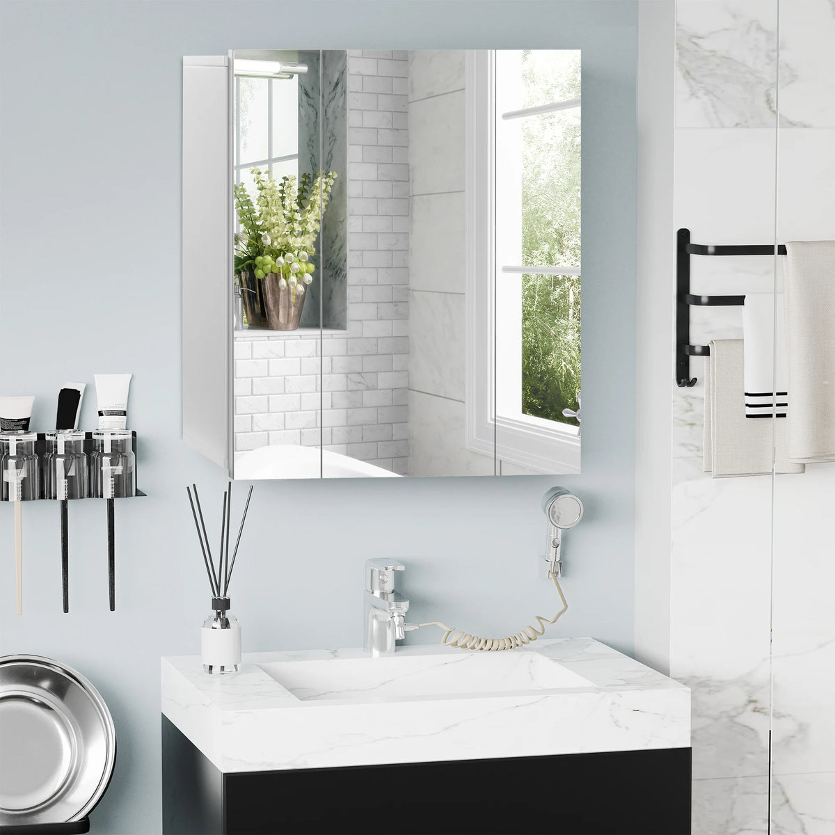 Bathroom Mirror Cabinet Wall-Mounted Storage Organiser with Door, White